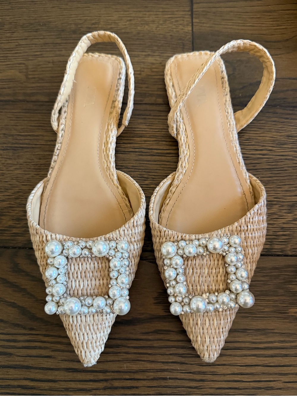 Zara Beige Raffia Pearl Embellished Slingback Pointed Toe Flats